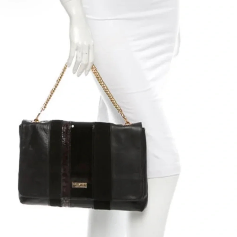 EUC Halston Heritage Black Leather suede shoulder  crossbody gold chain - Picture 15 of 17